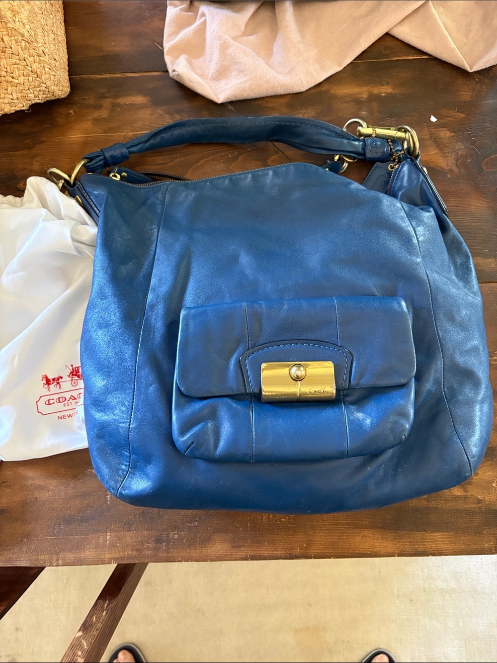 COACH Navy Blue Leather Shoulder Hobo with Front Pocket and Gold Hardware